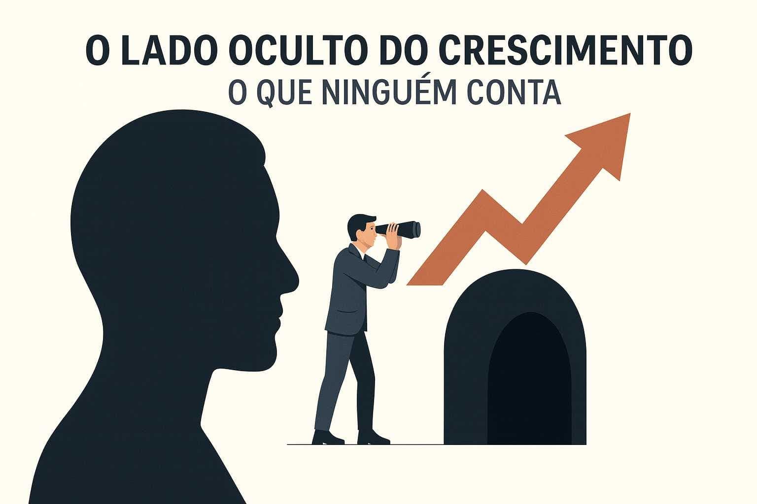 Homem observa uma seta que sai de uma caverna escura; silhueta à esquerda. Texto centralizado: “O Lado Oculto do Crescimento: O Que Ninguém Conta”.