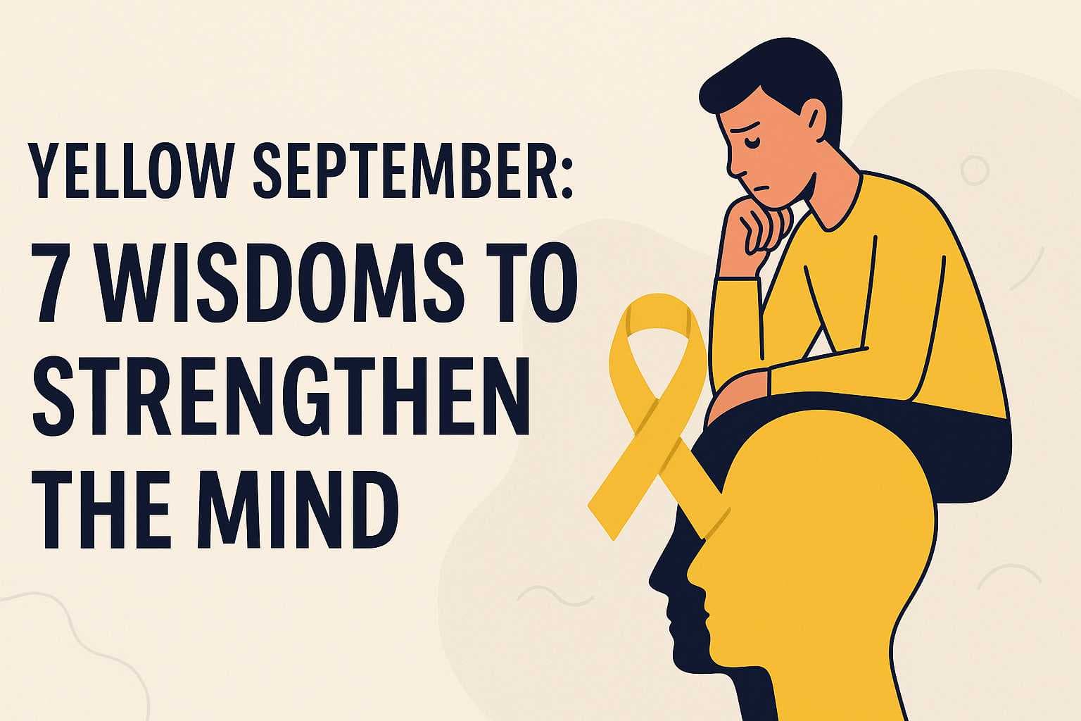 Vector illustration of a thoughtful man with a yellow brain and awareness ribbon, next to the text “Yellow September: 7 Wisdoms to Strengthen the Mind”