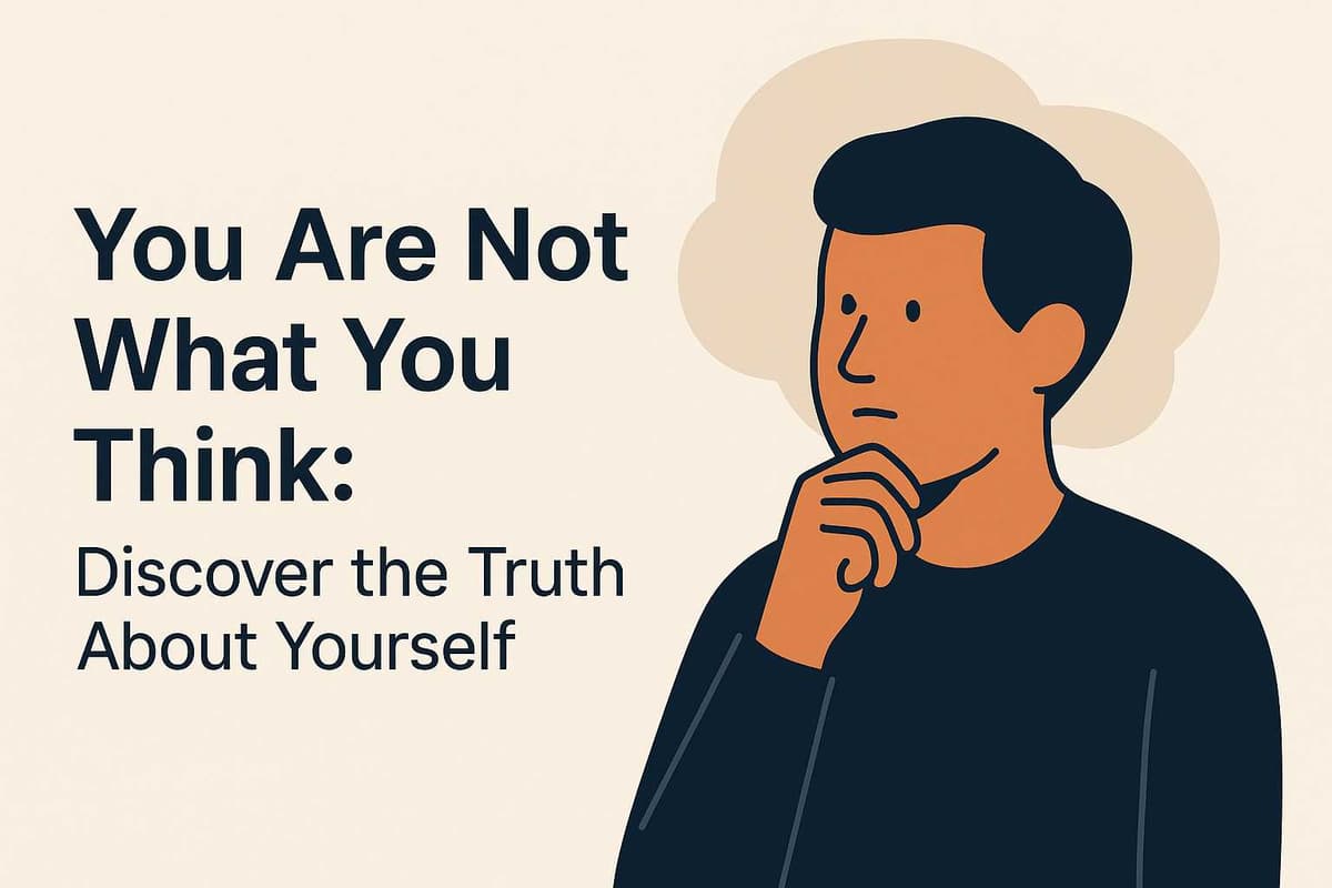 Minimalist vector illustration of a thoughtful person on a beige background with bold text: You Are Not What You Think: Discover the Truth About Yourself.