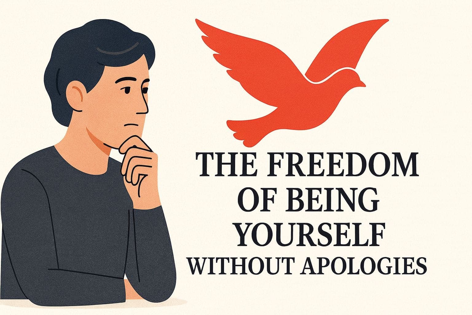 Minimalist illustration of a thoughtful man beside a red dove and the phrase "The freedom of being yourself without apologies" on a clean, light background.
