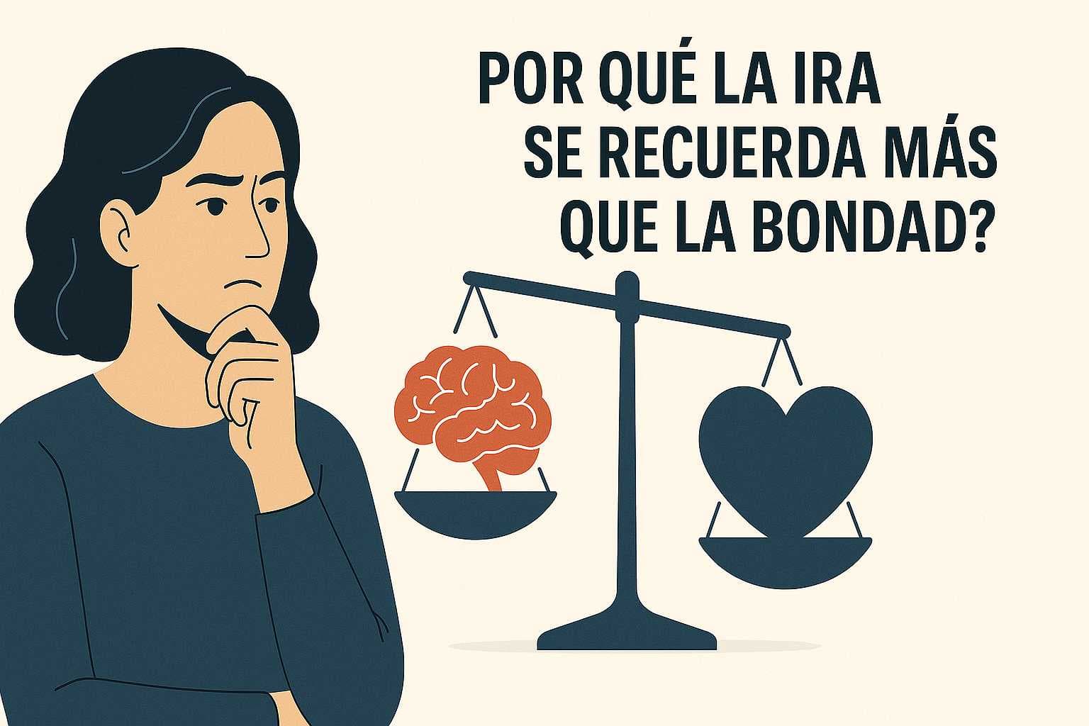 Mujer pensativa frente a una balanza con un cerebro y un corazón, junto al texto: "¿Por qué la ira se recuerda más que la bondad?"