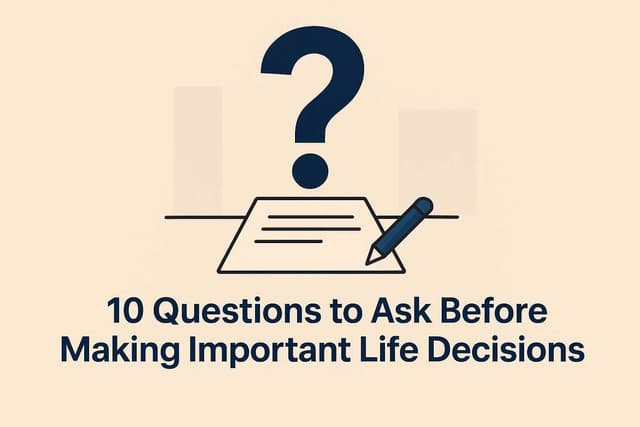 Minimalist illustration with a question mark, paper, and pen, featuring the text “10 Questions to Ask Before Making Important Life Decisions