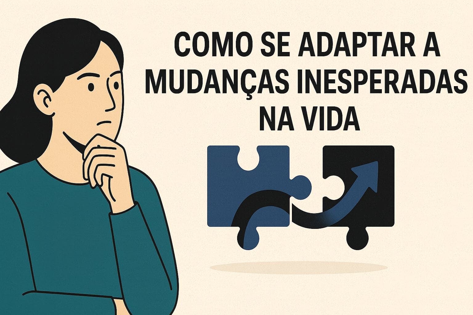 Ilustração vetorial de mulher pensativa ao lado de peças de quebra-cabeça com seta e o texto "Como se adaptar a mudanças inesperadas na vida".