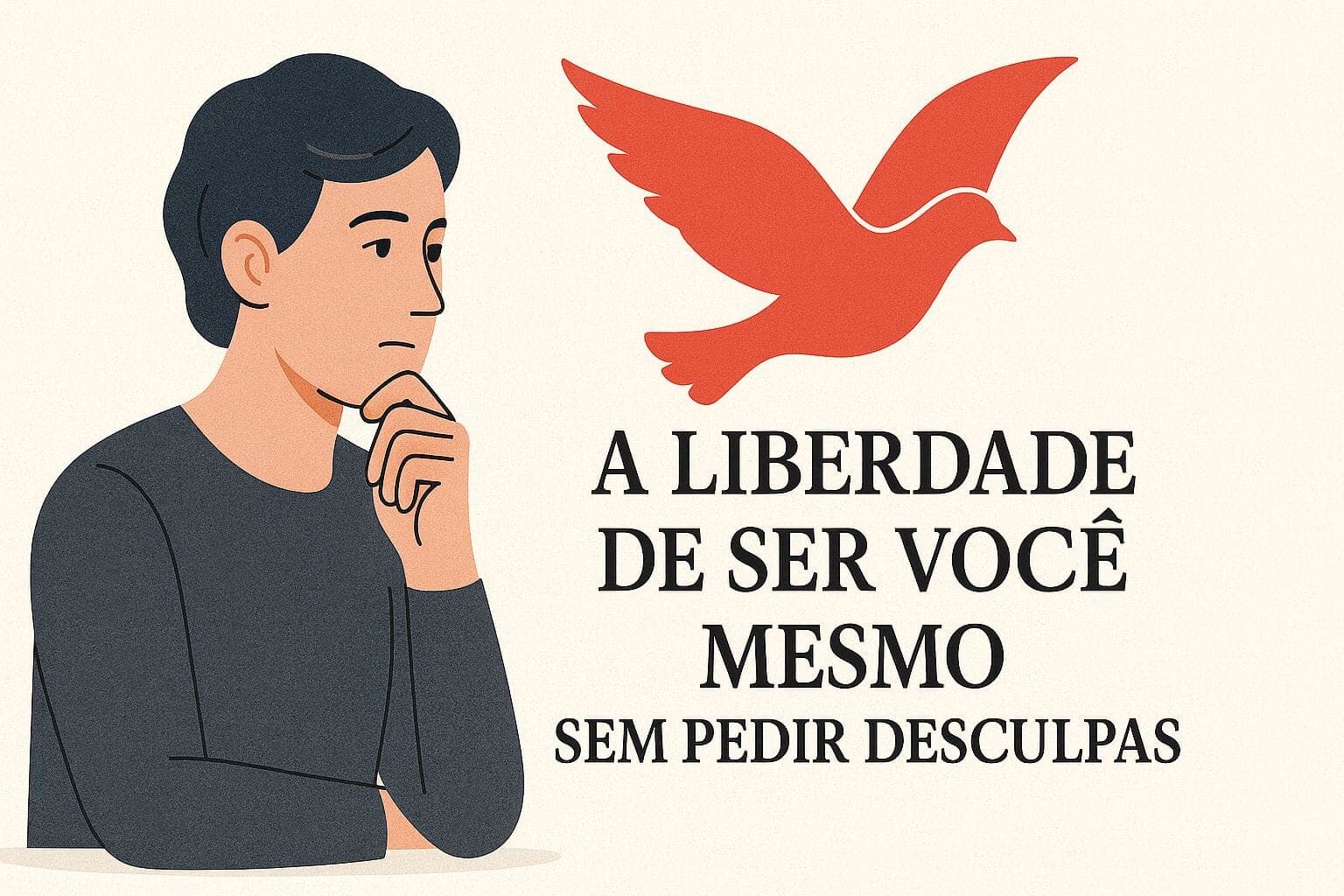 Ilustração minimalista de homem pensativo ao lado de uma pomba vermelha e a frase "A liberdade de ser você mesmo sem pedir desculpas", em fundo claro e limpo.