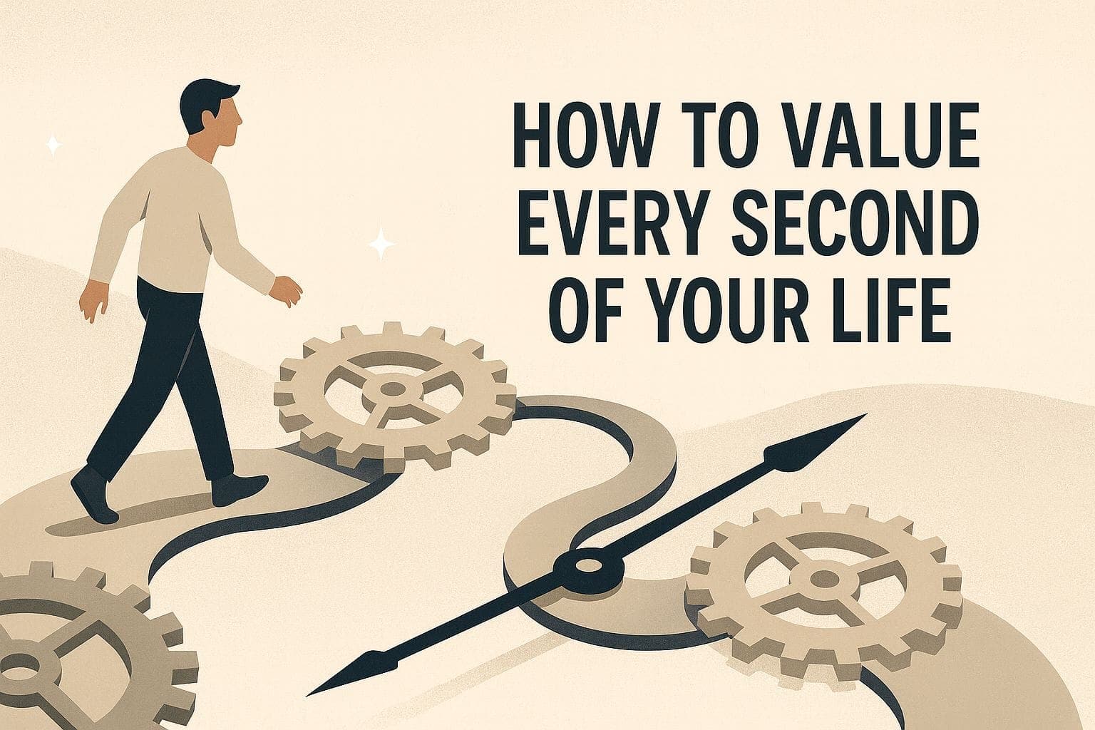 Man walks along gears and clock hands on a beige path, representing time, with the title “How to Value Every Second of Your Life” in bold on the right.