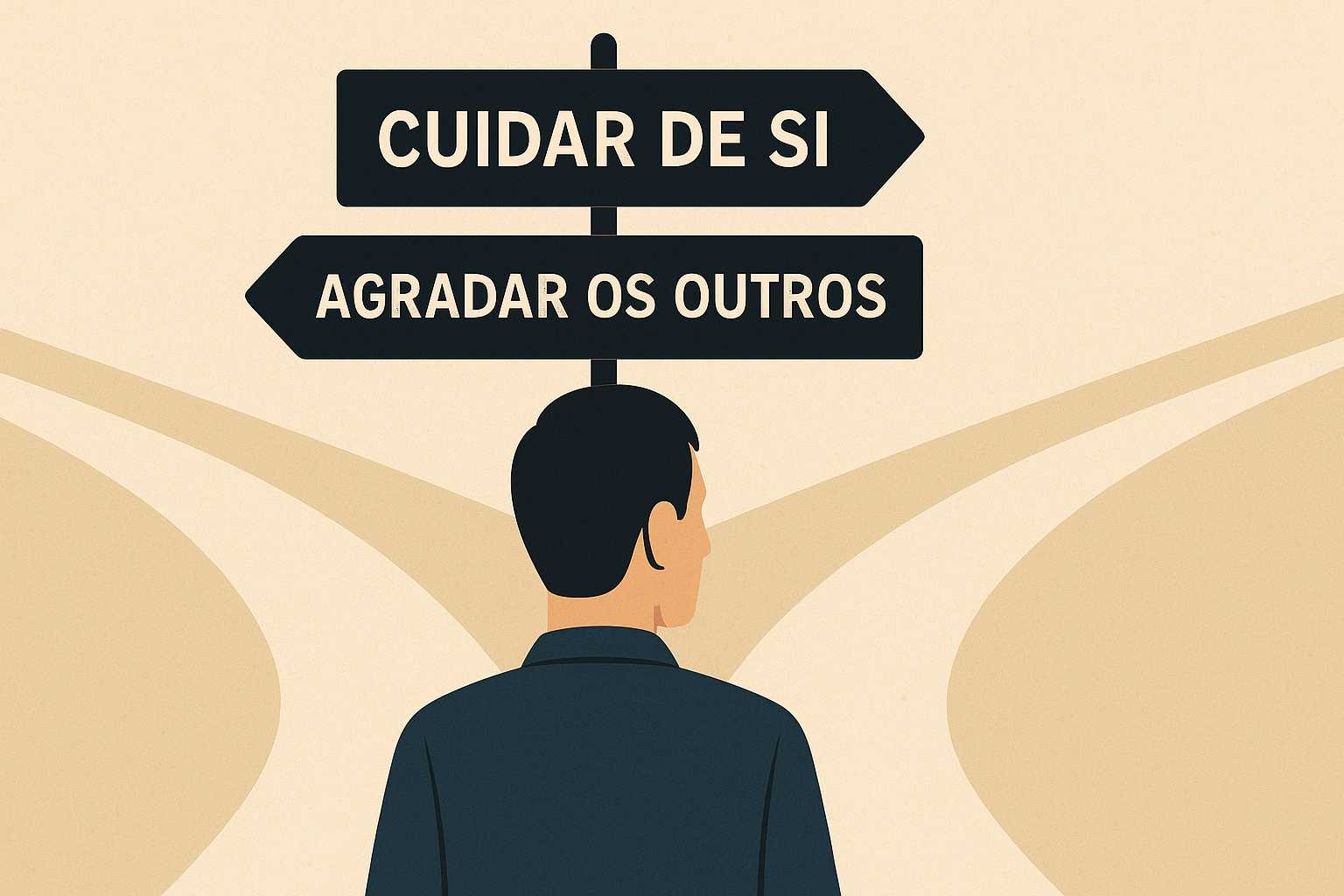 Homem de costas diante de duas placas em uma encruzilhada: "Cuidar de si" à esquerda e "Agradar os outros" à direita. Estilo vetorial editorial, tom reflexivo.