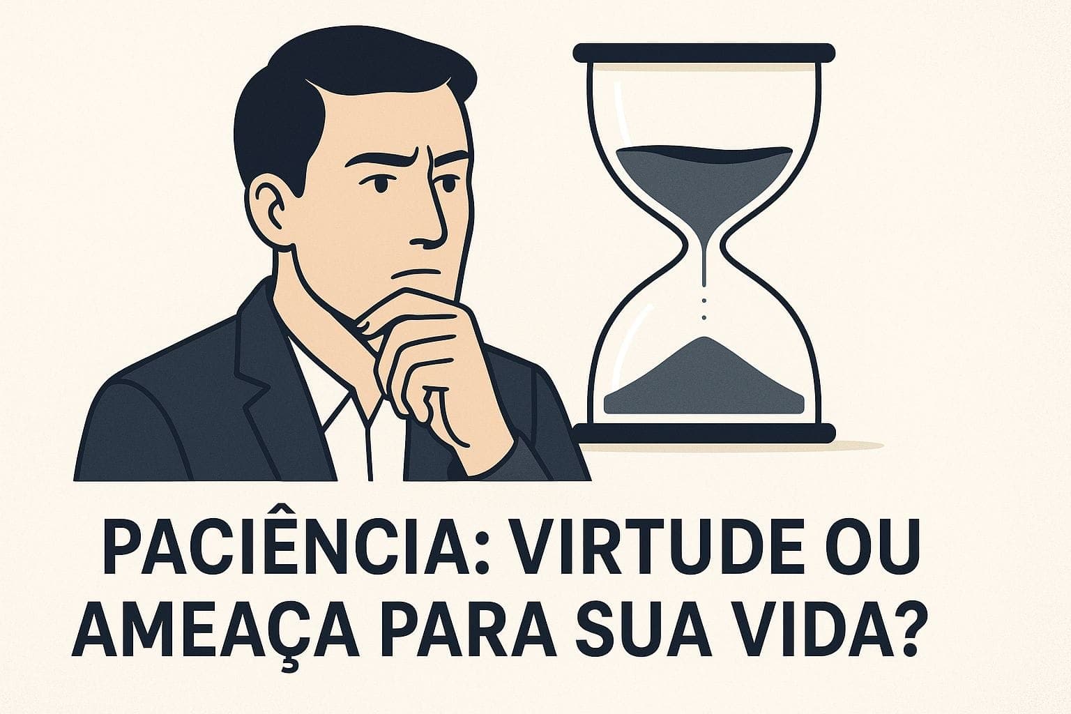 Ilustração vetorial de homem pensativo ao lado de uma ampulheta com o texto “PACIÊNCIA: VIRTUDE OU AMEAÇA PARA SUA VIDA?” em estilo minimalista e reflexivo.