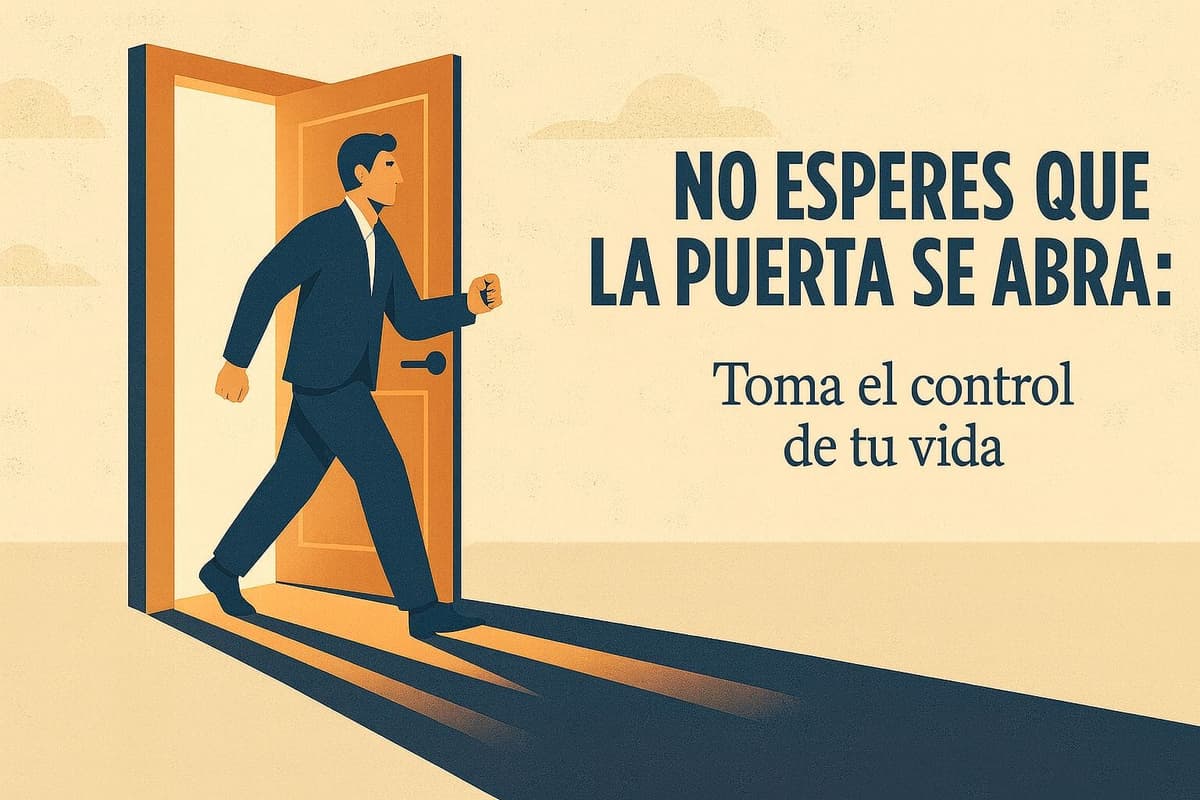 Hombre con traje azul sale por una puerta abierta con el texto “No esperes que la puerta se abra” y subtítulo “Toma el control de tu vida” al lado derecho.