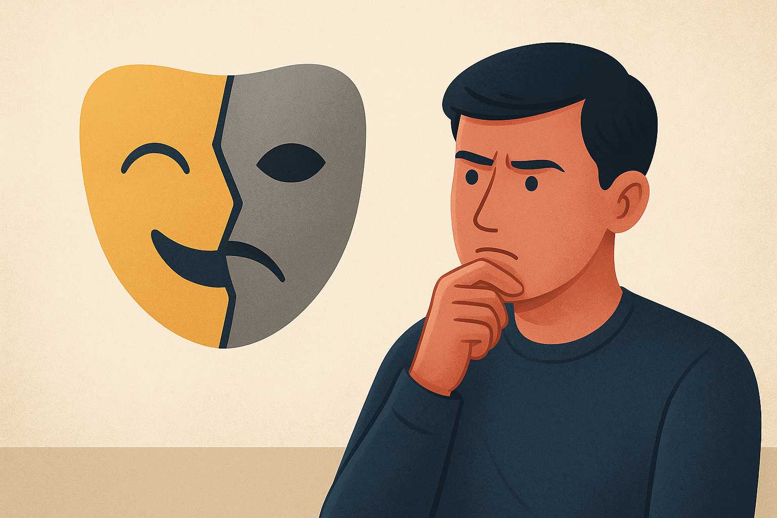 Ilustração vetorial de um homem pensativo observando uma máscara dividida em comédia e tragédia, em fundo suave e reflexivo.