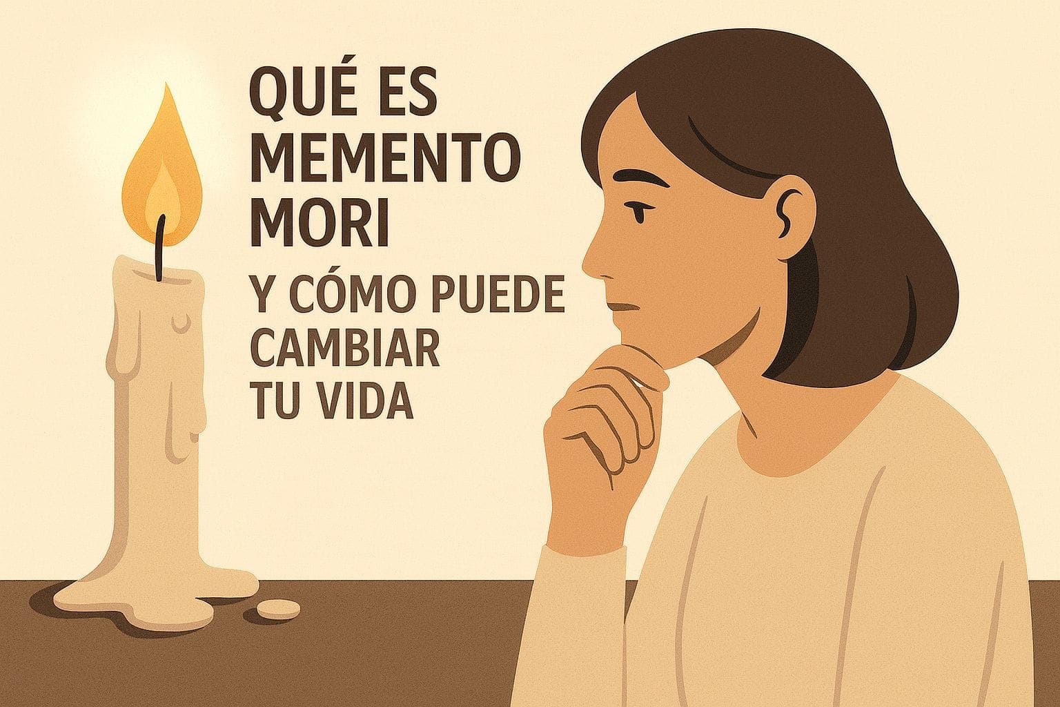 Mujer pensativa observa una vela derritiéndose junto al texto "Qué es Memento Mori y Cómo Puede Cambiar Tu Vida", en ilustración vectorial minimalista.