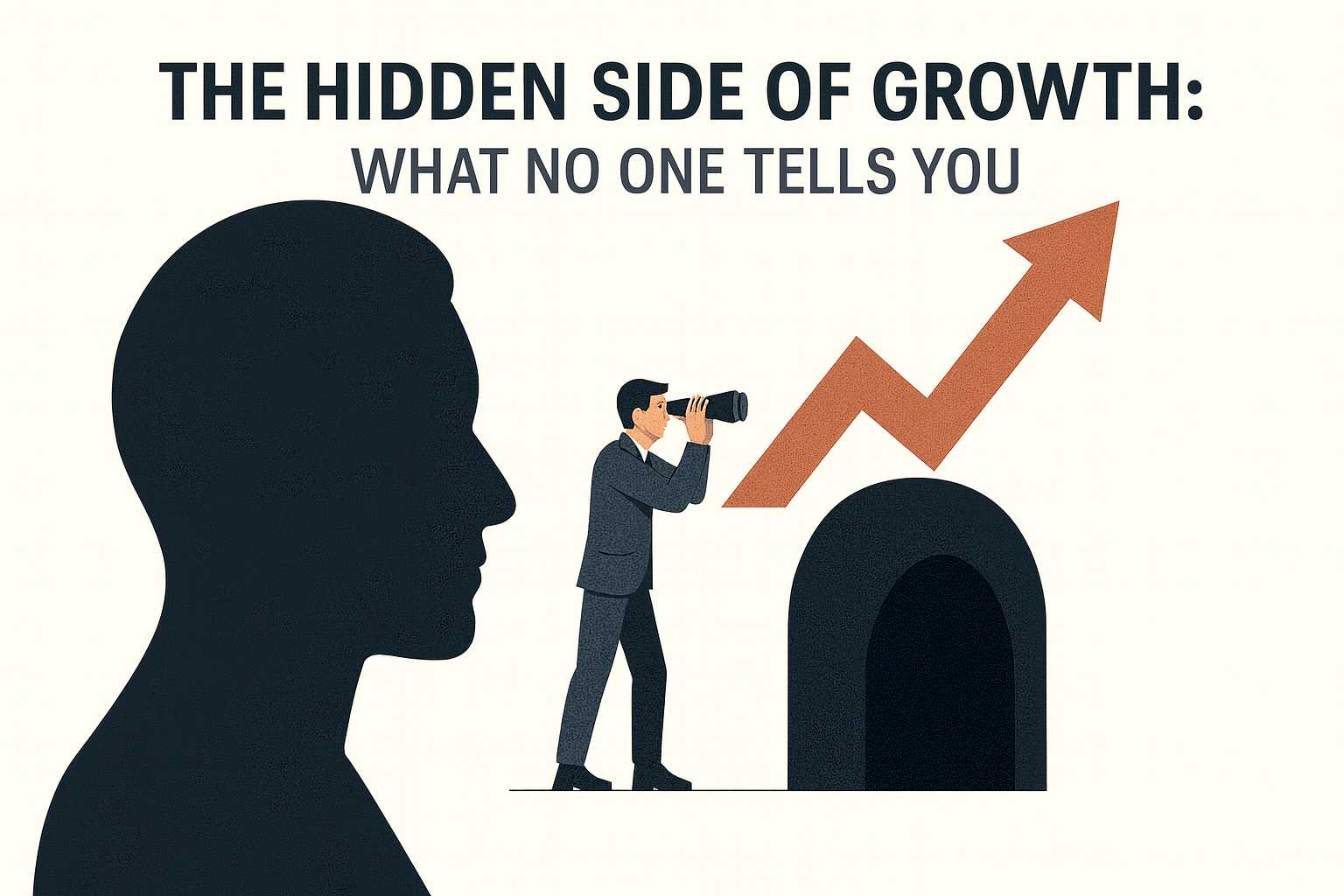 Man with binoculars looks at an arrow rising from a cave. A head silhouette stands on the left. Title: “The Hidden Side of Growth: What No One Tells You”.