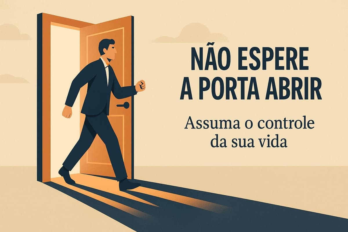 Homem em terno azul sai por porta laranja com a frase “Não Espere a Porta Abrir” e subtítulo “Assuma o controle da sua vida” em fundo claro.