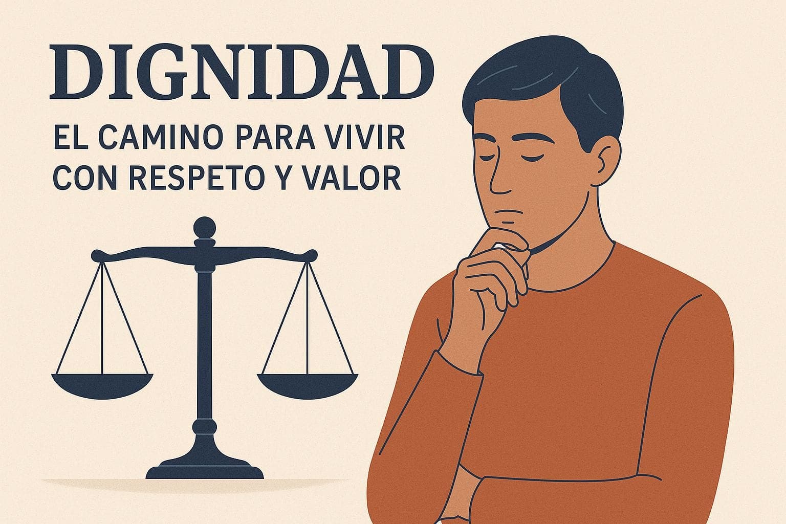 Hombre pensativo junto a una balanza clásica con el texto "Dignidad: El Camino para Vivir con Respeto y Valor", en estilo vectorial minimalista.