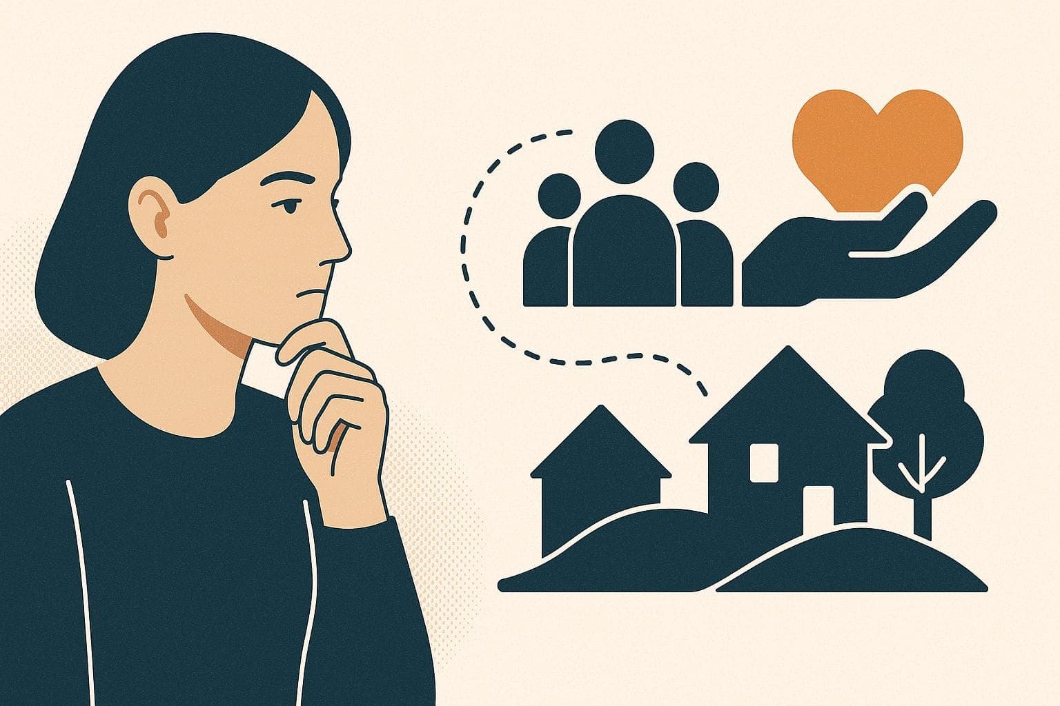 Mujer pensativa observa íconos minimalistas que representan comunidad, ayuda y crecimiento, con fondo claro y estilo vectorial limpio.