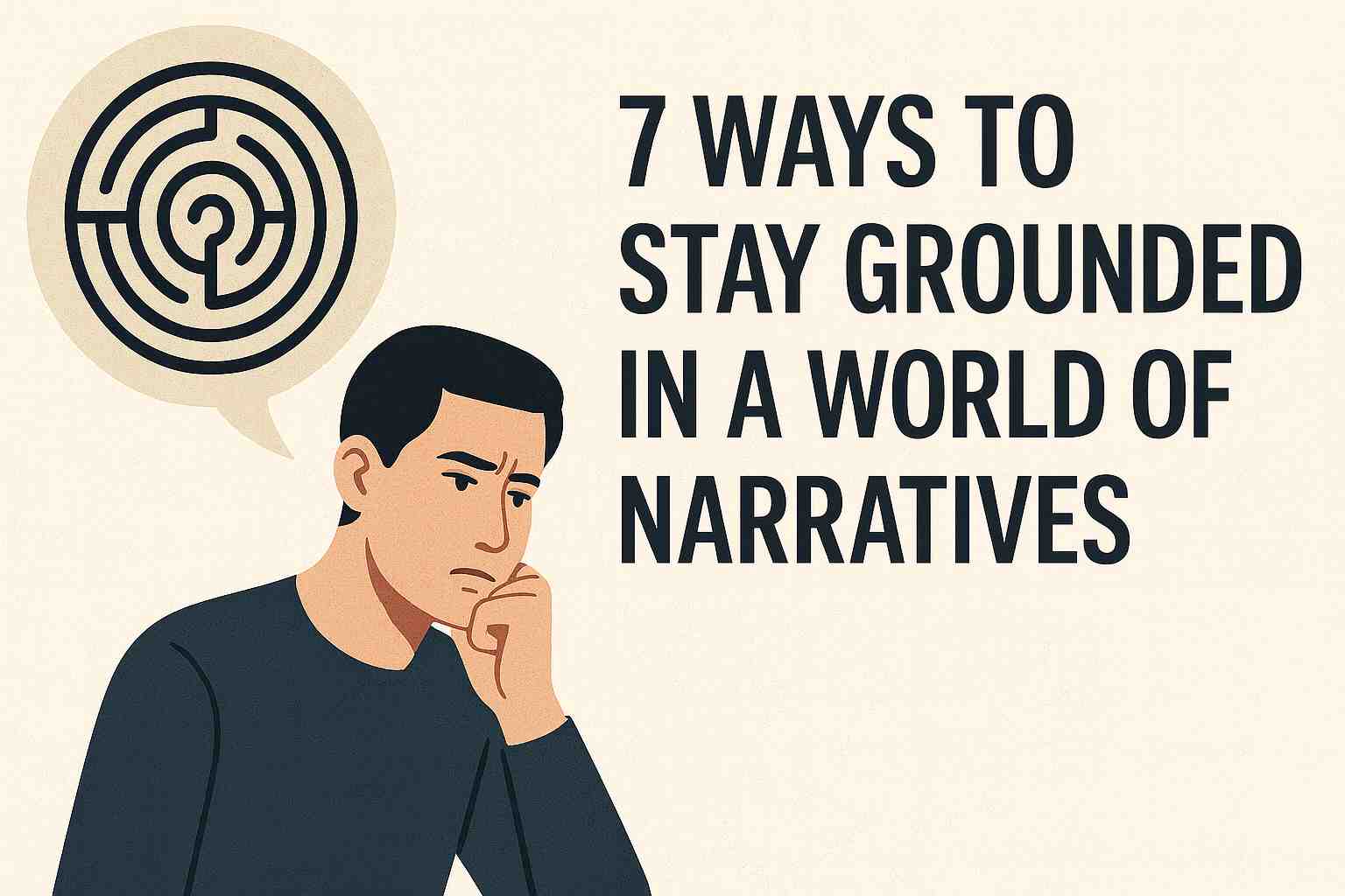 Thoughtful man beside a speech bubble with a maze and the text “7 Ways to Stay Grounded in a World of Narratives” on a light, minimalist background.