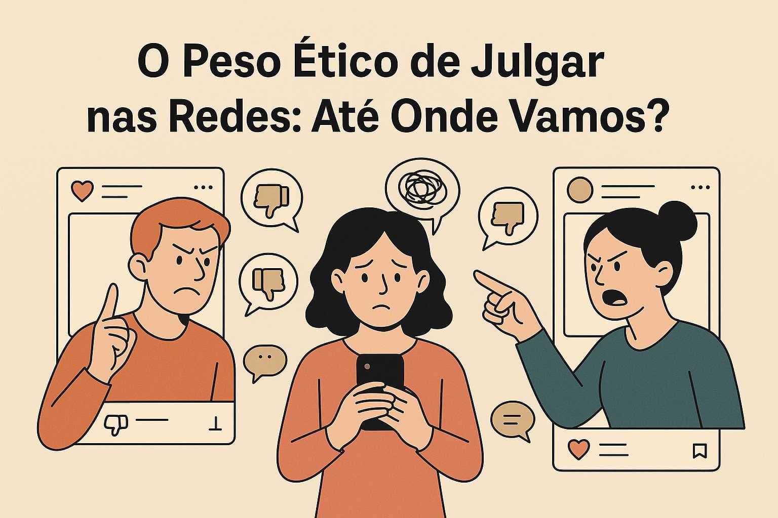 Ilustração vetorial mostrando uma mulher triste com celular enquanto duas pessoas discutem nas redes sociais, simbolizando o julgamento ético e emocional online.