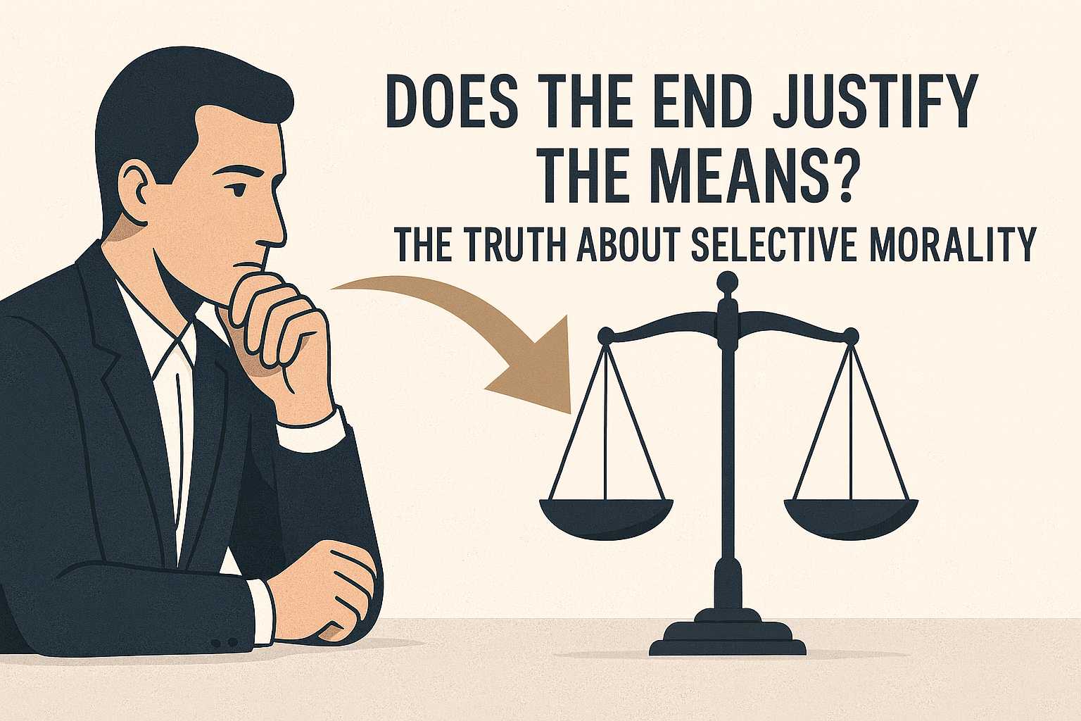 Thoughtful man next to justice scales, with the title “Does the End Justify the Means? The Truth About Selective Morality” in a clean, minimal style.