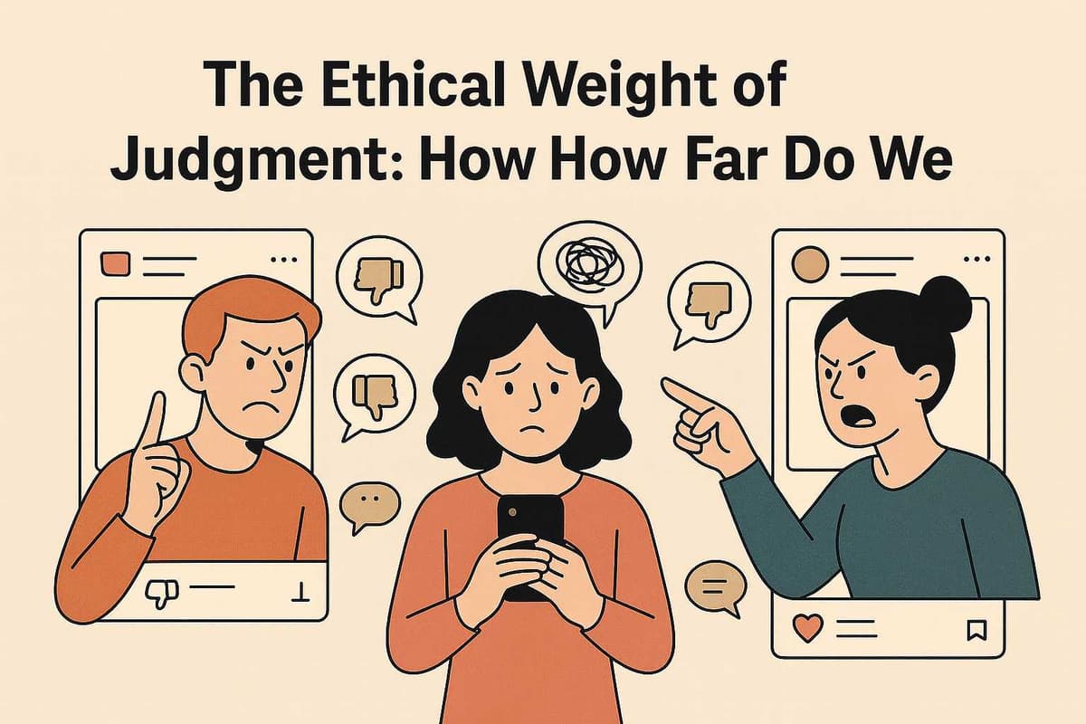 Vector illustration of a sad woman holding her phone while two people argue online, symbolizing the ethical and emotional weight of digital judgment.