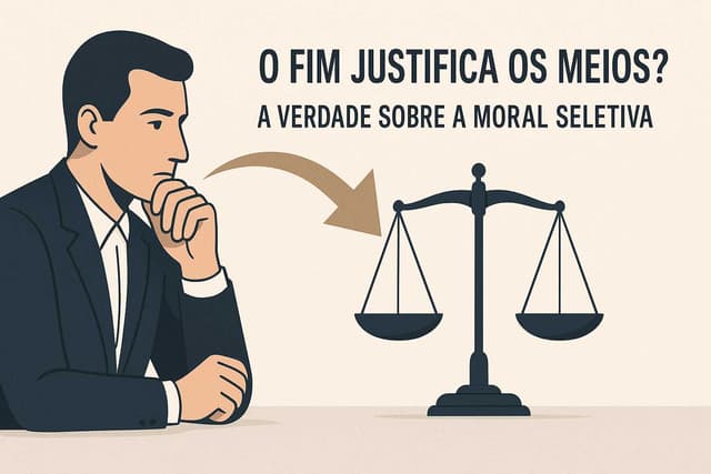 Ilustração de homem pensativo diante de uma balança da justiça, com a frase “O Fim Justifica os Meios? A Verdade Sobre a Moral Seletiva” em destaque.