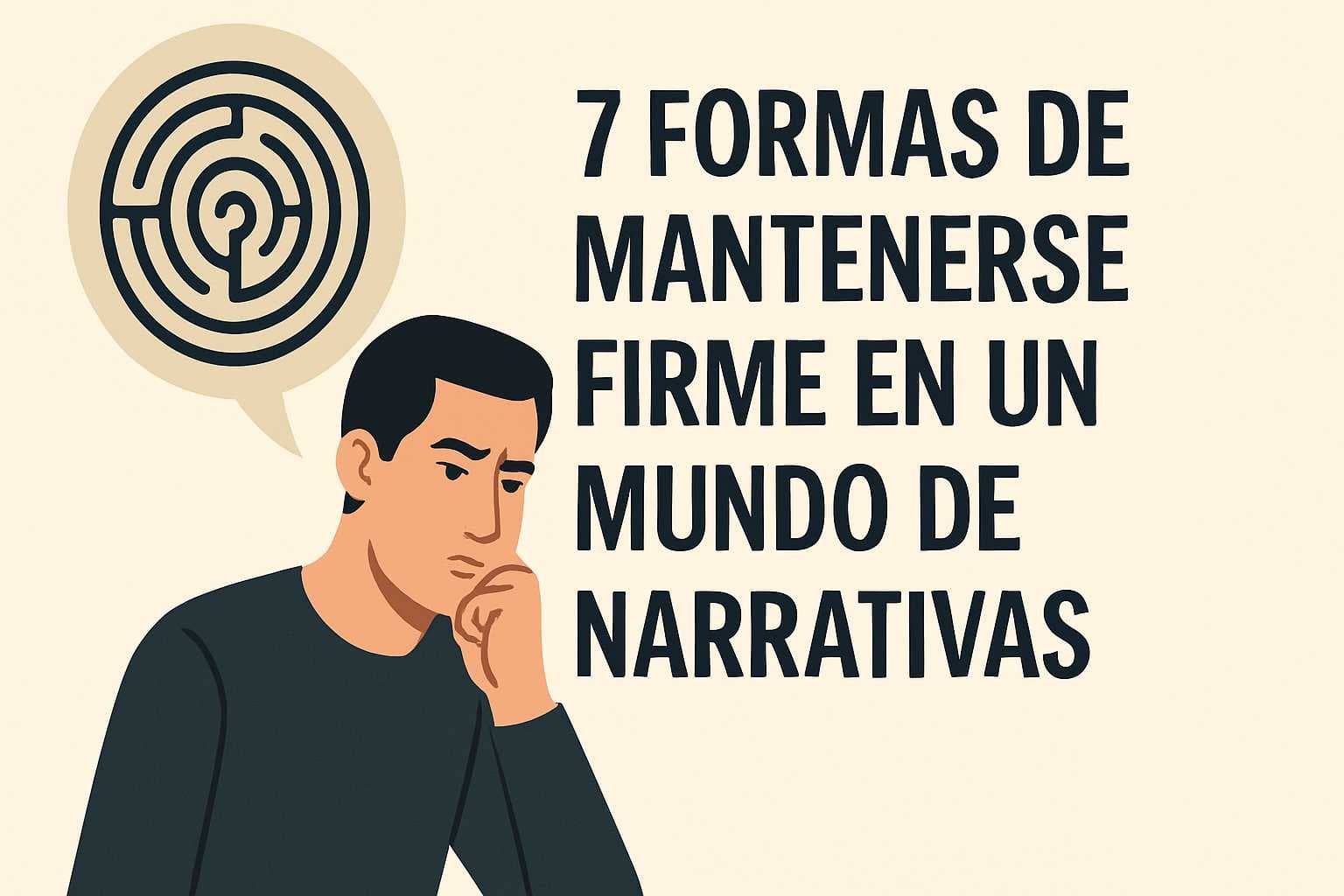 Hombre pensativo junto a un globo con laberinto y el texto “7 Formas de Mantenerse Firme en un Mundo de Narrativas” sobre fondo claro y estilo minimalista.