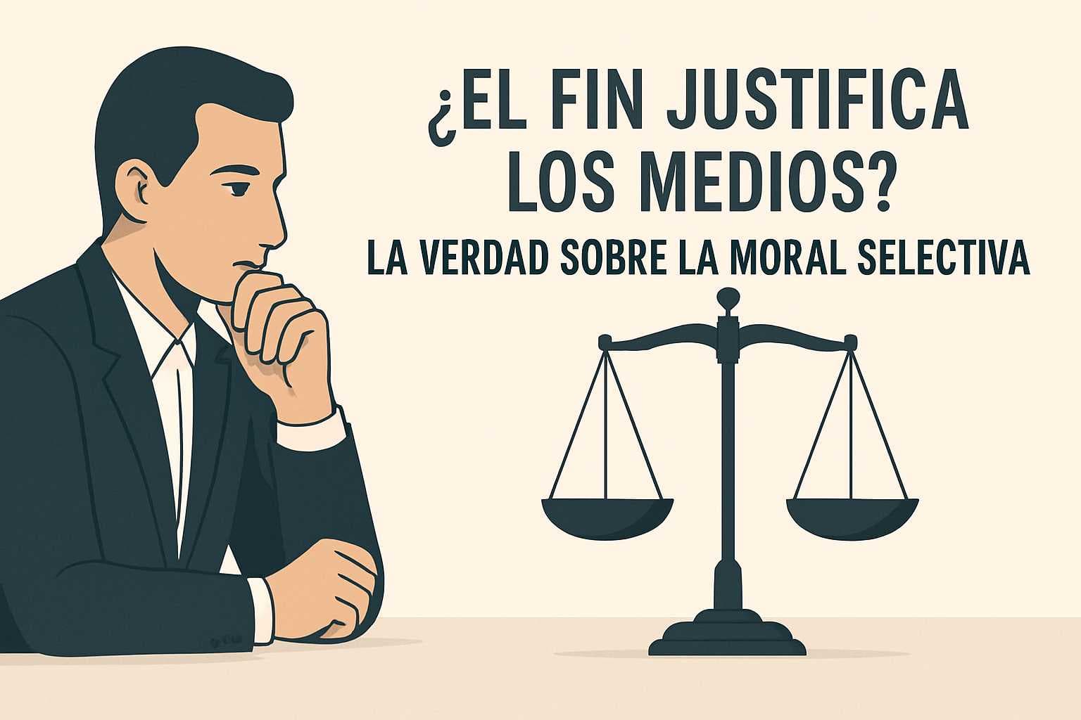 Ilustración de hombre pensativo junto a una balanza, con el texto “¿El Fin Justifica los Medios? La Verdad Sobre la Moral Selectiva” en estilo minimalista.