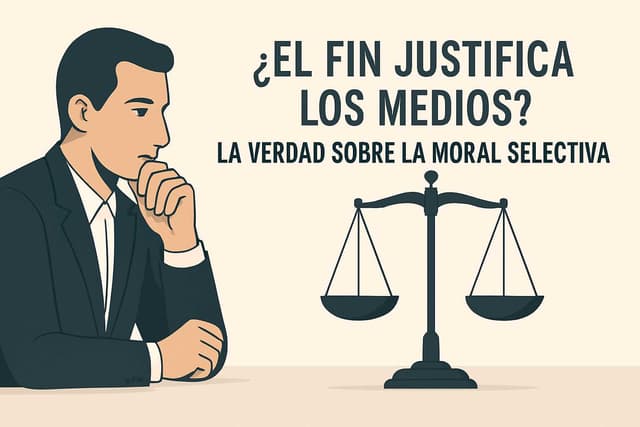 Ilustración de hombre pensativo junto a una balanza, con el texto “¿El Fin Justifica los Medios? La Verdad Sobre la Moral Selectiva” en estilo minimalista.