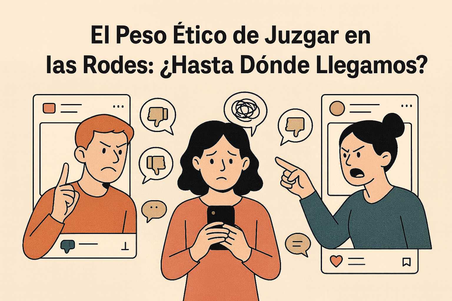 Ilustración vectorial de una mujer triste con su teléfono mientras dos personas discuten en redes, reflejando el peso ético y emocional del juicio digital.