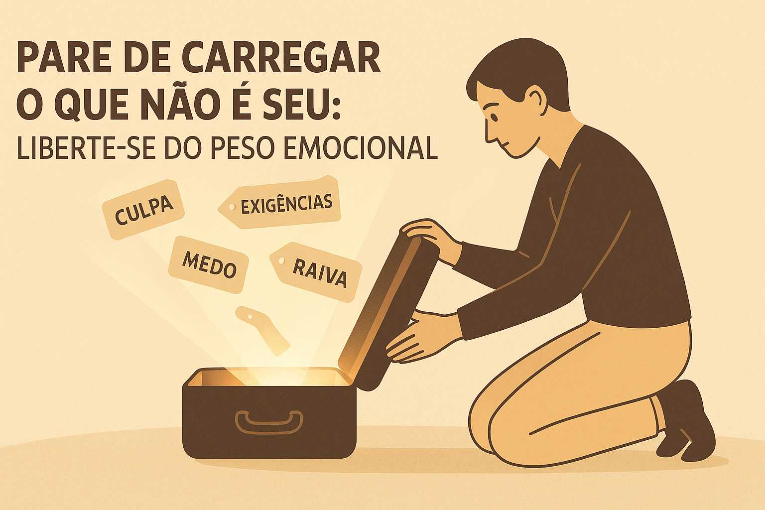 Homem ajoelhado abre mala da qual saem etiquetas com palavras “culpa”, “medo”, “exigências” e “raiva”, com a frase “Pare de carregar o que não é seu”.