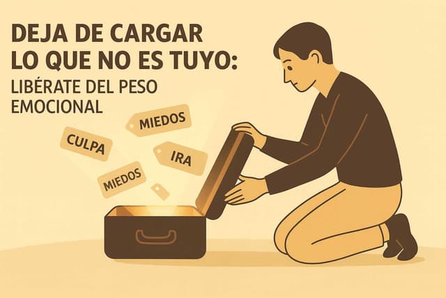 Hombre arrodillado abre una maleta de la que salen etiquetas con “CULPA”, “MIEDOS” e “IRA”, junto al texto “Deja de cargar lo que no es tuyo”.