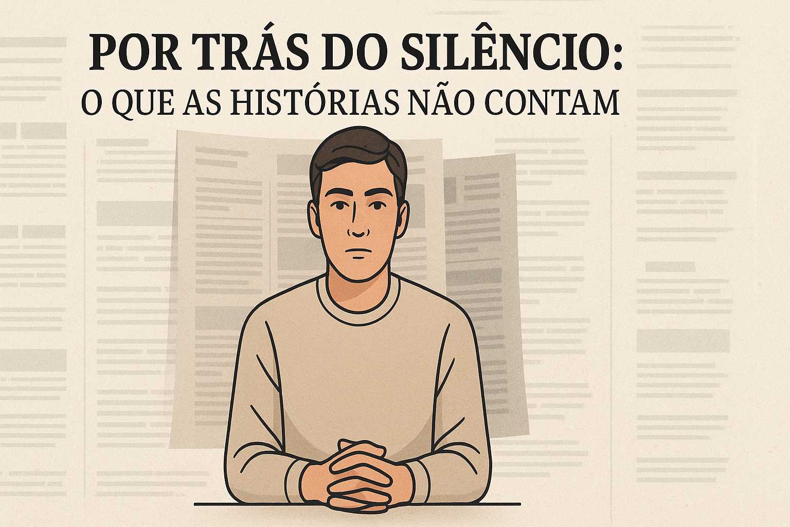 Ilustração editorial de um homem sério à mesa, com páginas de jornal ao fundo e o título "Por Trás do Silêncio: O Que as Histórias Não Contam" acima.